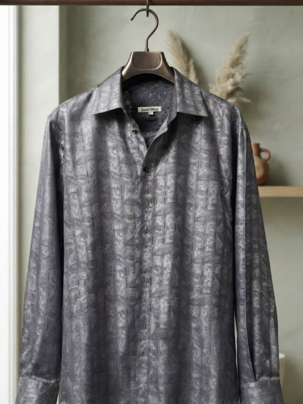 Daniel Ellissa XL Gray Silver Paisley Jacquard Button Front Dress Shirt Long Sle